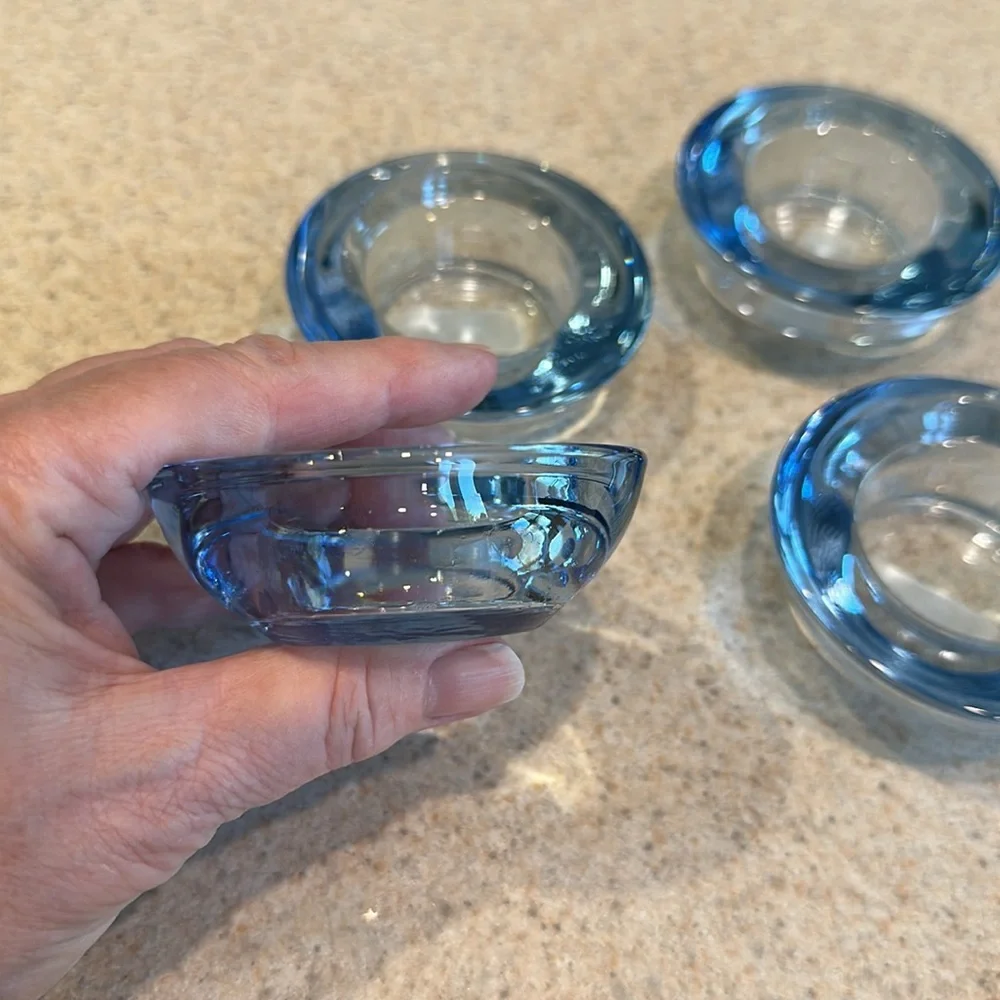 4 IKEA Retro Style Chunky Transparent Blue Glass Tea Light Candle Holders